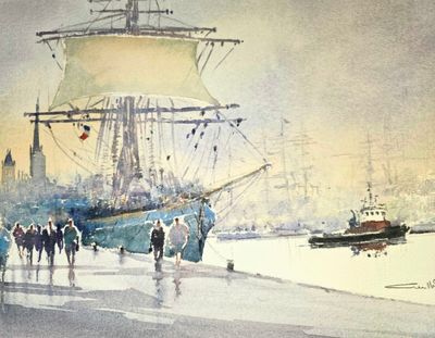 a painting of people walking on the beach near a boat