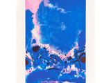 a blue and pink abstract painting on a white paper