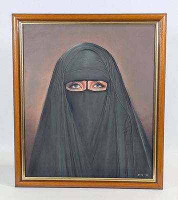 une peinture à l'huile représentant une femme portant un voile noir