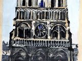 tableau représentant une grande cathédrale avec une horloge sur sa façade