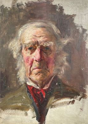 une peinture à l'huile représentant un homme aux cheveux blancs portant une cravate rouge