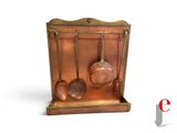 a small copper pot and pan set on a stand