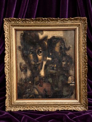 une image représentant un tableau où figurent un chien et un chat sur un fond de velours violet