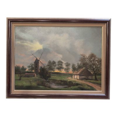 an oil painting of a windmill in a field with a house in the background