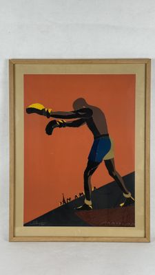 painting of a man hitting a ball with a bat on a wall