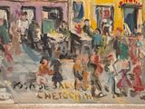 an oil painting of a busy city street with people walking by