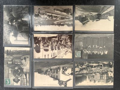 several old black and white photographs of people in a building