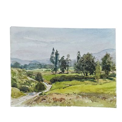 une aquarelle représentant un paysage avec des arbres et un ruisseau