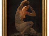 a painting of a nude woman sitting on the ground with her head in her hands
