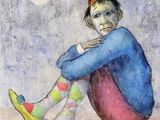 tableau représentant un clown assis par terre à côté d'une banane