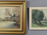 two paintings of trees and a river in a gold frame on a gray wall