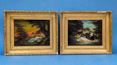 two framed paintings of a couple of people sitting on a bench