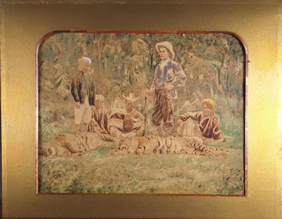 une photo d'un tableau représentant une femme avec des animaux dans un champ