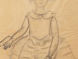 dessin représentant une petite fille en robe, assise sur un oreiller