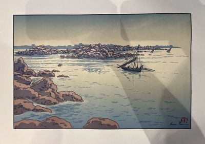 a picture of a painting of a boat in the water