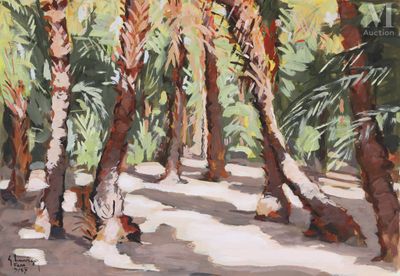 un tableau représentant un groupe de palmiers dans une forêt