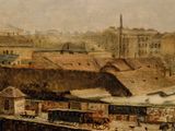 a painting of a train going down the tracks