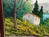 a painting of a house on a hill with a lake in the background