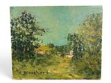 a painting of a field with trees and a house in the distance