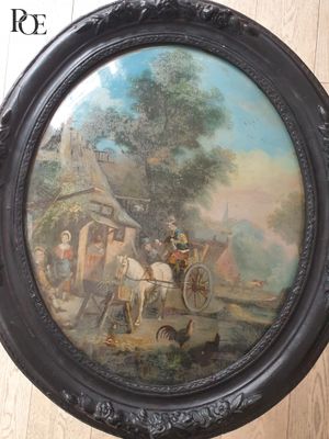 Fixé sous verre en forme de médaillon représentant une scène… - Photo 1