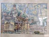 aquarelle encadrée représentant une calèche tirée par des chevaux dans un jardin