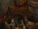 an oil painting of chickens and chickens in a barn by a window