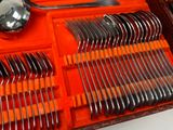 many forks and spoons in a case on the table