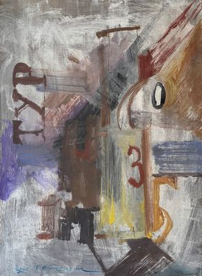an image of a painting of a building with a clock on top of it