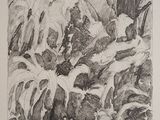 a black and white drawing of a group of animals in a forest