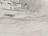 drawing of a ship in rough water with a boat in the background
