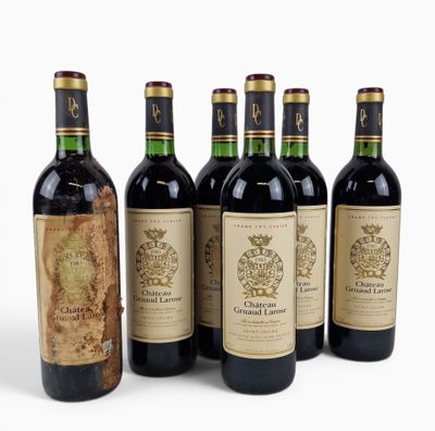 six bottles of wine are lined up in a row on a white surface