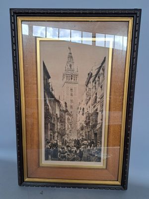 an old picture of a city street with a clock tower in the background