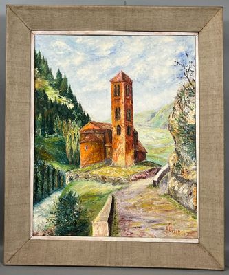 une peinture à l'huile représentant une église sur une colline, avec des arbres en arrière-plan