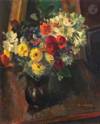 peinture représentant un vase de fleurs posé sur une table devant un miroir