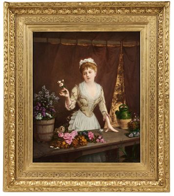 une image représentant un tableau où l'on voit une femme avec des fleurs posées sur une table