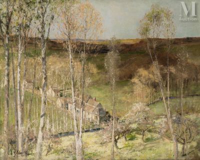 an image of a painting of a landscape with trees and a house in the distance