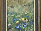 un tableau représentant des fleurs bleues et jaunes dans un champ