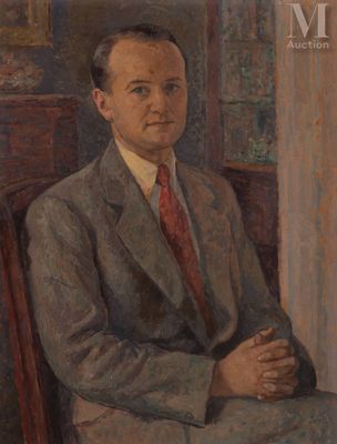 painting of a man in a suit and tie sitting in a chair