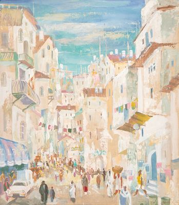 une peinture à l'huile représentant une rue animée où des gens marchent sur le trottoir