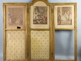 three framed pictures of people in a room with a blue wall