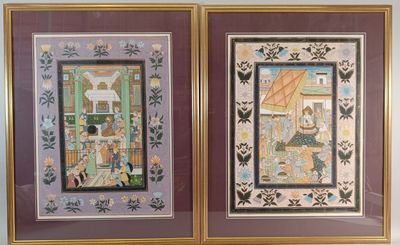 two framed pictures of a couple of paintings on a wall