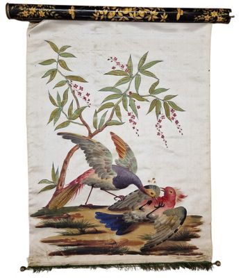 un tableau représentant deux oiseaux perchés sur une branche ornée de feuilles et de baies