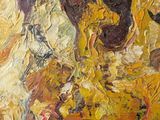 an oil painting of a group of people riding horses in a field