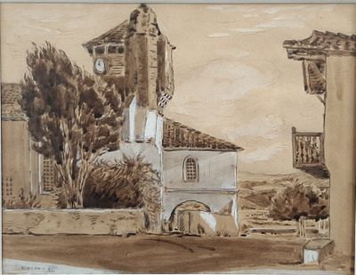 drawing of a building with a clock tower in the middle of it