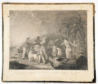 un vieux dessin représentant un homme et une femme sur un bateau avec un chien