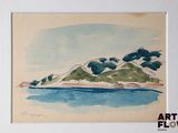 a watercolor painting of a mountain and a body of water
