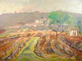 une peinture à l'huile représentant un paysage avec un village au loin