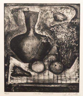drawing of a black and white still life with a vase, apples, and flowers