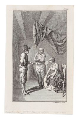 une vieille gravure représentant un homme et une femme dans une pièce où se trouve un drapeau