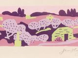 une image représentant un dessin de paysage avec des arbres et des bâtiments
